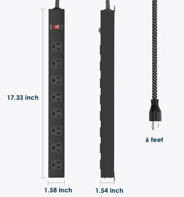 Alt view image 6 of 7 - 8 Outlet Power Strip - Metal Power Strip with Switch,Wide Spaced Moutable Surge Protector 1200J,6ft 14Awg Braided Cord,Home Office Industrial Garage Commercial
