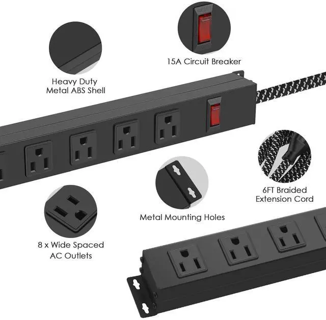 Alt view image 7 of 7 - 8 Outlet Power Strip - Metal Power Strip with Switch,Wide Spaced Moutable Surge Protector 1200J,6ft 14Awg Braided Cord,Home Office Industrial Garage Commercial