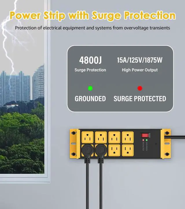 Alt view image 4 of 7 - HHSOET 2 Pack Heavy Duty Power Strip 8 Outlets, Metal Wall Mount Outlet Strip 4800J Surge Protector, Garage Shop Under Desk Mountable 6FT Extension Cord Plug, ETL Listed