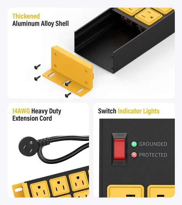 Alt view image 5 of 7 - HHSOET 2 Pack Heavy Duty Power Strip 8 Outlets, Metal Wall Mount Outlet Strip 4800J Surge Protector, Garage Shop Under Desk Mountable 6FT Extension Cord Plug, ETL Listed