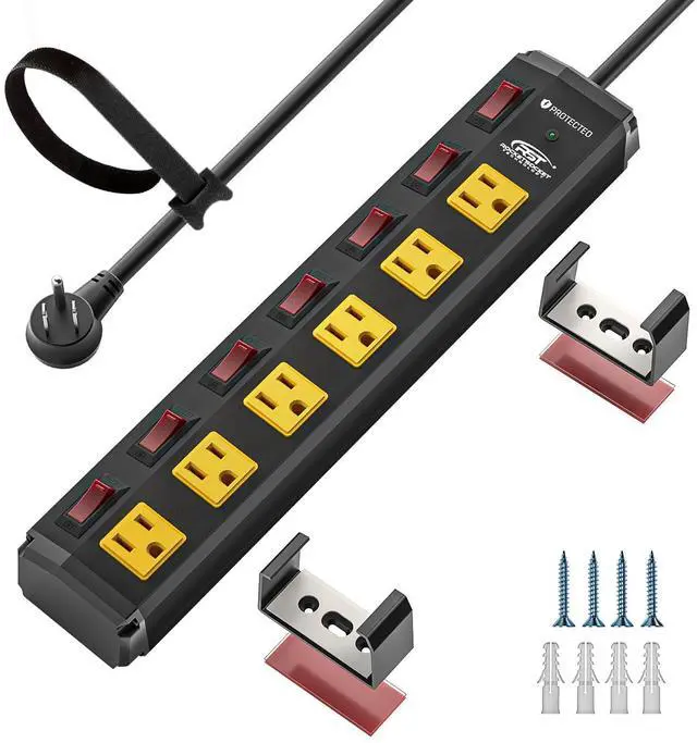 Main image of CRST 6 Outlet Metal Heavy Duty Power Strip with Individual Switches, 6FT Wall Mount Garage Power Strip, Surge Protector (1200 Joules), 15amp/1875W, 14AWG SJT Power Cord