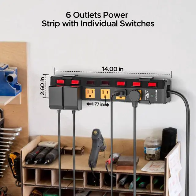 Alt view image 2 of 7 - CRST 6 Outlet Metal Heavy Duty Power Strip with Individual Switches, 6FT Wall Mount Garage Power Strip, Surge Protector (1200 Joules), 15amp/1875W, 14AWG SJT Power Cord