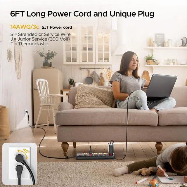 Alt view image 6 of 7 - CRST 6 Outlet Metal Heavy Duty Power Strip with Individual Switches, 6FT Wall Mount Garage Power Strip, Surge Protector (1200 Joules), 15amp/1875W, 14AWG SJT Power Cord