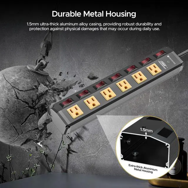 Alt view image 5 of 7 - CRST 6 Outlet Metal Heavy Duty Power Strip with Individual Switches, 6FT Wall Mount Garage Power Strip, Surge Protector (1200 Joules), 15amp/1875W, 14AWG SJT Power Cord