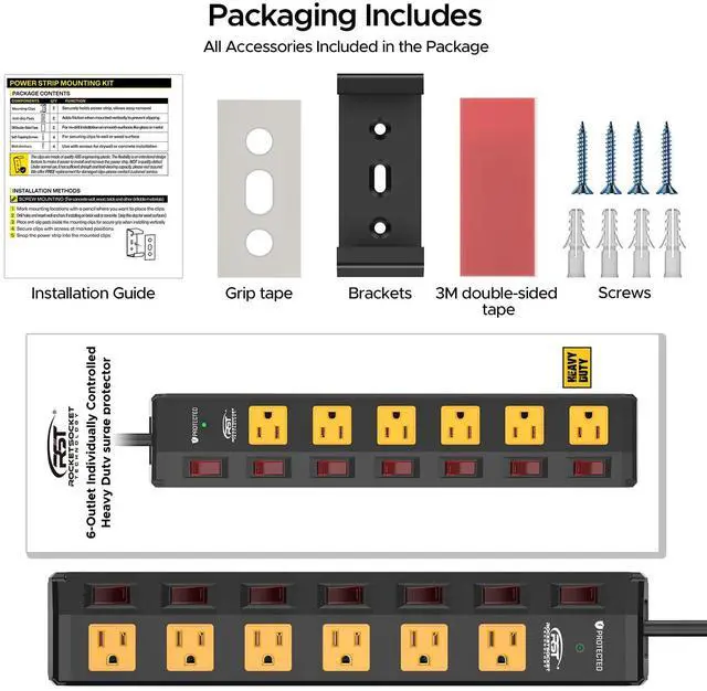 Alt view image 7 of 7 - CRST 6 Outlet Metal Heavy Duty Power Strip with Individual Switches, 6FT Wall Mount Garage Power Strip, Surge Protector (1200 Joules), 15amp/1875W, 14AWG SJT Power Cord