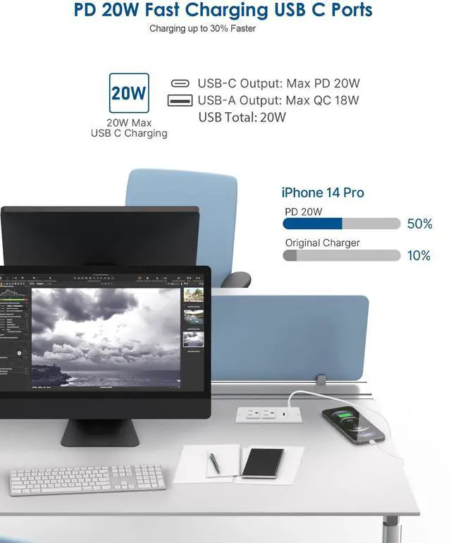 Alt view image 2 of 7 - Conference Recessed Power Strip USB C PD 20W Fast Charging,Furniture Recessed Outlet,2 Outlets,2 USB Ports Table Power Strip,Flush Mount Power Strip for Side Table,6ft Cord,Flat Plug