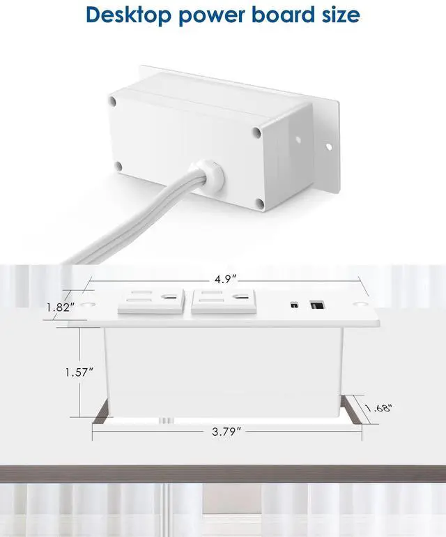 Alt view image 7 of 7 - Conference Recessed Power Strip USB C PD 20W Fast Charging,Furniture Recessed Outlet,2 Outlets,2 USB Ports Table Power Strip,Flush Mount Power Strip for Side Table,6ft Cord,Flat Plug