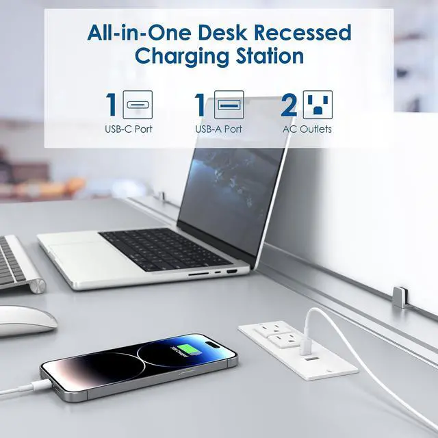 Alt view image 3 of 7 - Conference Recessed Power Strip USB C PD 20W Fast Charging,Furniture Recessed Outlet,2 Outlets,2 USB Ports Table Power Strip,Flush Mount Power Strip for Side Table,6ft Cord,Flat Plug