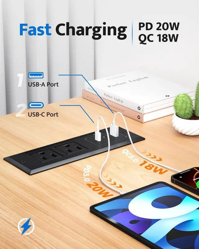 Alt view image 3 of 7 - Recessed Power Strip with 20W USB C Port, Fast Charging USB A Port Conference Recessed Outlet, Space-Saver for Furniture Side Table, End Table, Desk Outlet with 6ft Cord, 45° Thin Flat Plug, Black