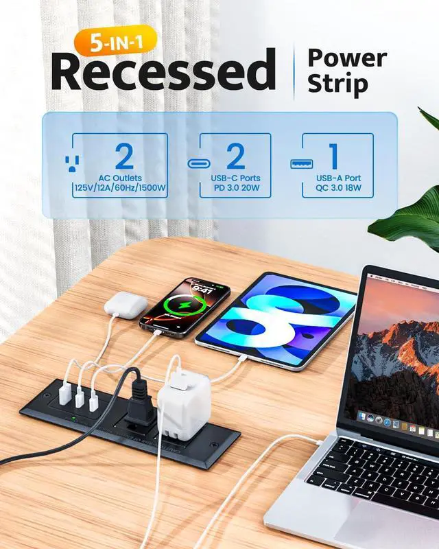 Alt view image 2 of 7 - Recessed Power Strip with 20W USB C Port, Fast Charging USB A Port Conference Recessed Outlet, Space-Saver for Furniture Side Table, End Table, Desk Outlet with 6ft Cord, 45° Thin Flat Plug, Black