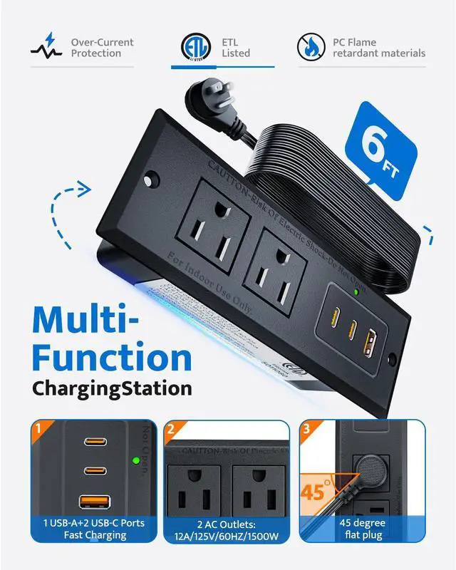 Alt view image 4 of 7 - Recessed Power Strip with 20W USB C Port, Fast Charging USB A Port Conference Recessed Outlet, Space-Saver for Furniture Side Table, End Table, Desk Outlet with 6ft Cord, 45° Thin Flat Plug, Black
