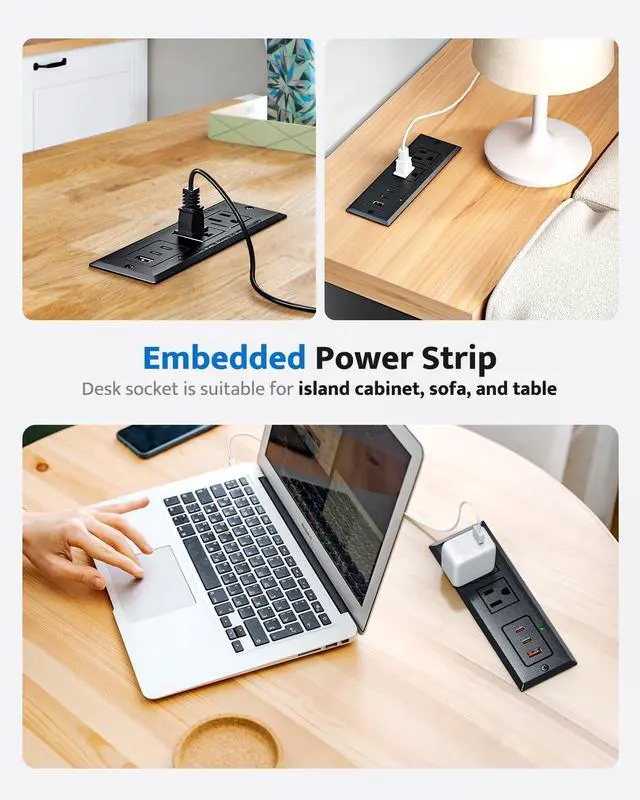 Alt view image 5 of 7 - Recessed Power Strip with 20W USB C Port, Fast Charging USB A Port Conference Recessed Outlet, Space-Saver for Furniture Side Table, End Table, Desk Outlet with 6ft Cord, 45° Thin Flat Plug, Black