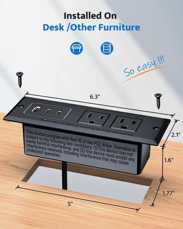 Alt view image 6 of 7 - Recessed Power Strip with 20W USB C Port, Fast Charging USB A Port Conference Recessed Outlet, Space-Saver for Furniture Side Table, End Table, Desk Outlet with 6ft Cord, 45° Thin Flat Plug, Black