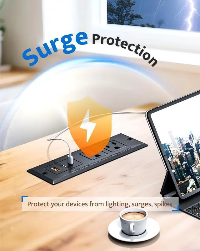 Alt view image 7 of 7 - Recessed Power Strip with 20W USB C Port, Fast Charging USB A Port Conference Recessed Outlet, Space-Saver for Furniture Side Table, End Table, Desk Outlet with 6ft Cord, 45° Thin Flat Plug, Black