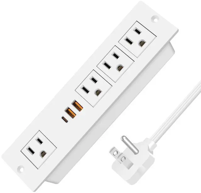 Main image of VILONG Flat Plug Recessed Power Strip with PD 20W USB-C, Flush Mounted Drawer Outlet, 4 AC Outlets & 3 USB Ports, Conference Desktop Built in Power Strip, 10FT Extension Cord(White)