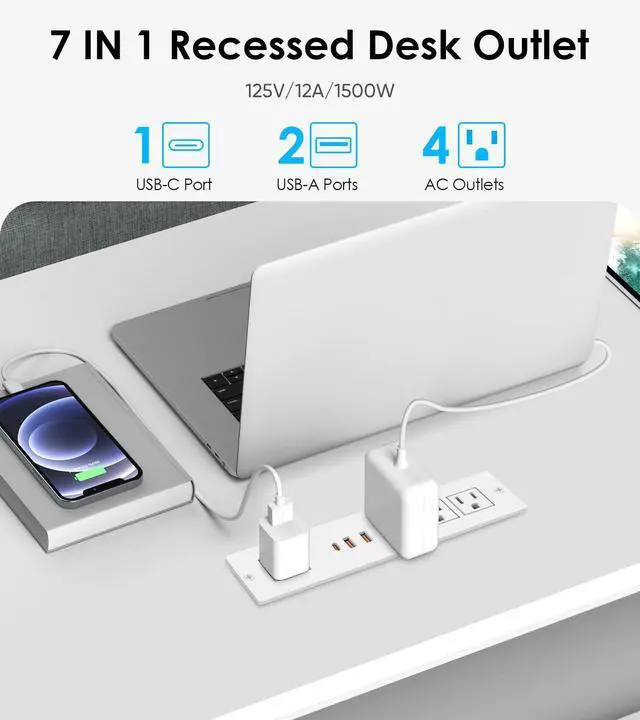 Alt view image 2 of 7 - VILONG Flat Plug Recessed Power Strip with PD 20W USB-C, Flush Mounted Drawer Outlet, 4 AC Outlets & 3 USB Ports, Conference Desktop Built in Power Strip, 10FT Extension Cord(White)