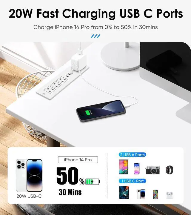 Alt view image 4 of 7 - VILONG Flat Plug Recessed Power Strip with PD 20W USB-C, Flush Mounted Drawer Outlet, 4 AC Outlets & 3 USB Ports, Conference Desktop Built in Power Strip, 10FT Extension Cord(White)