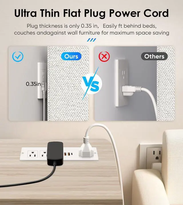 Alt view image 3 of 7 - VILONG Flat Plug Recessed Power Strip with PD 20W USB-C, Flush Mounted Drawer Outlet, 4 AC Outlets & 3 USB Ports, Conference Desktop Built in Power Strip, 10FT Extension Cord(White)