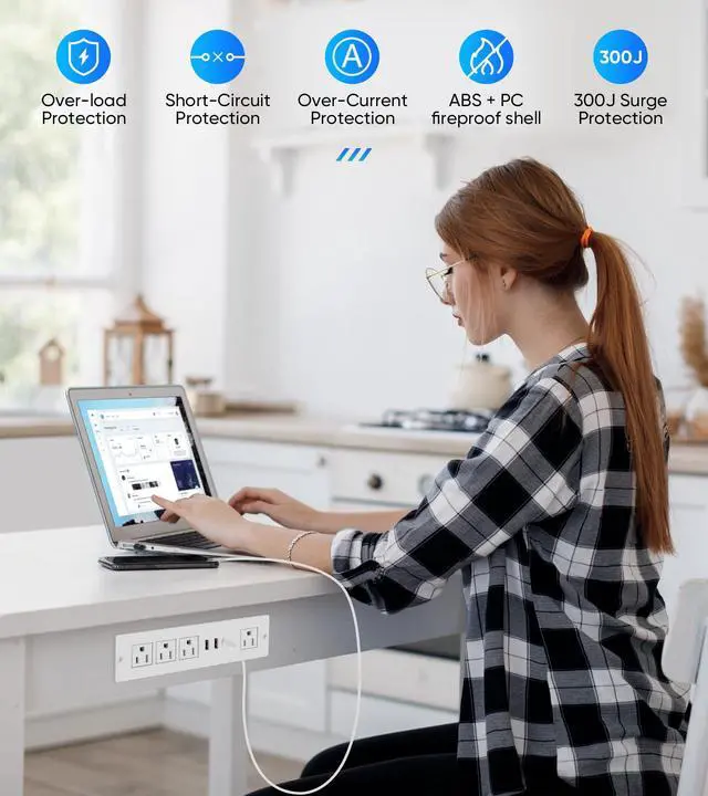 Alt view image 5 of 7 - VILONG Flat Plug Recessed Power Strip with PD 20W USB-C, Flush Mounted Drawer Outlet, 4 AC Outlets & 3 USB Ports, Conference Desktop Built in Power Strip, 10FT Extension Cord(White)