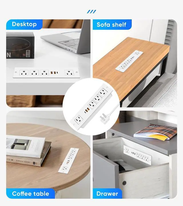 Alt view image 6 of 7 - VILONG Flat Plug Recessed Power Strip with PD 20W USB-C, Flush Mounted Drawer Outlet, 4 AC Outlets & 3 USB Ports, Conference Desktop Built in Power Strip, 10FT Extension Cord(White)