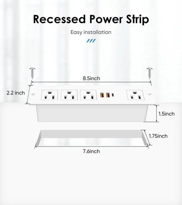 Alt view image 7 of 7 - VILONG Flat Plug Recessed Power Strip with PD 20W USB-C, Flush Mounted Drawer Outlet, 4 AC Outlets & 3 USB Ports, Conference Desktop Built in Power Strip, 10FT Extension Cord(White)
