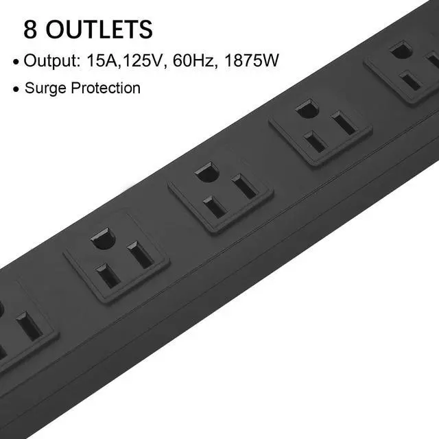 Alt view image 5 of 7 - Metal 8 Outlet Mountable Power Strip, Wall Mount Outlet Heavy Duty, Wide Spaced Commercial Shop Power Strip with Switch, 15A 125V 1875W, 6 FT SJT 14AWG Power Cord (12FT)