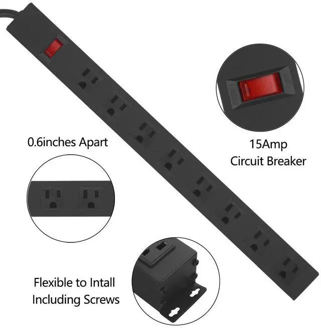 Alt view image 4 of 6 - HHSOET Metal 8 Outlet Mountable Power Strip, Wall Mount Outlet Heavy Duty, Wide Spaced Commercial Shop Power Strip with Switch, 15A 125V 1875W, 6 FT SJT 14AWG Power Cord.(Black)