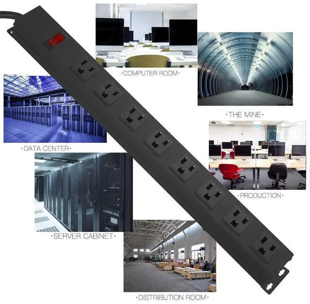 Alt view image 6 of 7 - Metal 8 Outlet Mountable Power Strip, Wall Mount Outlet Heavy Duty, Wide Spaced Commercial Shop Power Strip with Switch, 15A 125V 1875W, 6 FT SJT 14AWG Power Cord (12FT)