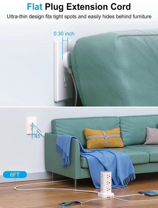 Alt view image 3 of 7 - Power Strip Tower with Multiple Outlets, Flat Plug Surge Protector Tower Extension Cord with 12 AC Outlets 4 USB Ports (2 USB C), 6FT Cord Power Tower Surge Protector for Home Office Dorm Room, White