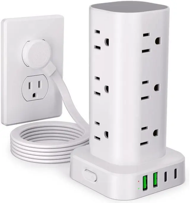 Main image of Power Strip Tower with Multiple Outlets, Flat Plug Surge Protector Tower Extension Cord with 12 AC Outlets 4 USB Ports (2 USB C), 6FT Cord Power Tower Surge Protector for Home Office Dorm Room, White