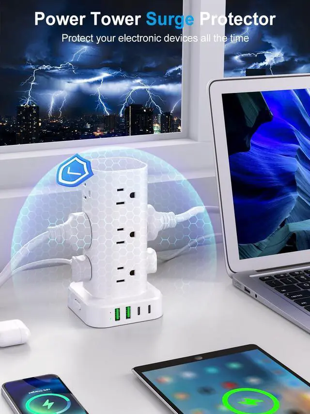 Alt view image 5 of 7 - Power Strip Tower with Multiple Outlets, Flat Plug Surge Protector Tower Extension Cord with 12 AC Outlets 4 USB Ports (2 USB C), 6FT Cord Power Tower Surge Protector for Home Office Dorm Room, White