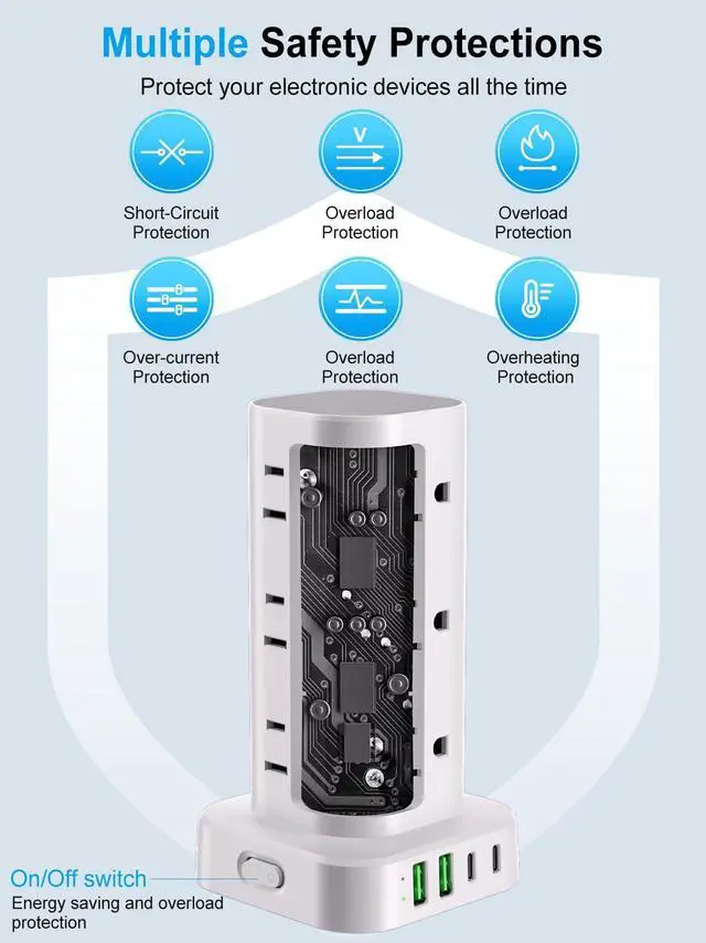 Alt view image 7 of 7 - Power Strip Tower with Multiple Outlets, Flat Plug Surge Protector Tower Extension Cord with 12 AC Outlets 4 USB Ports (2 USB C), 6FT Cord Power Tower Surge Protector for Home Office Dorm Room, White