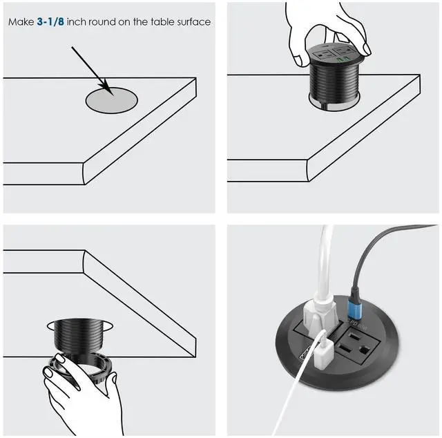 Alt view image 7 of 7 - Jgstkcity 3 inch Desktop Power Grommet, Max 65W USB C Charger,2 Outlets, 3 USB Ports, Flush Mount Desk Hole Round Power Outlet, High-Speed Charging Station, Recessed Power Strip,6ft Cord Flat Plug