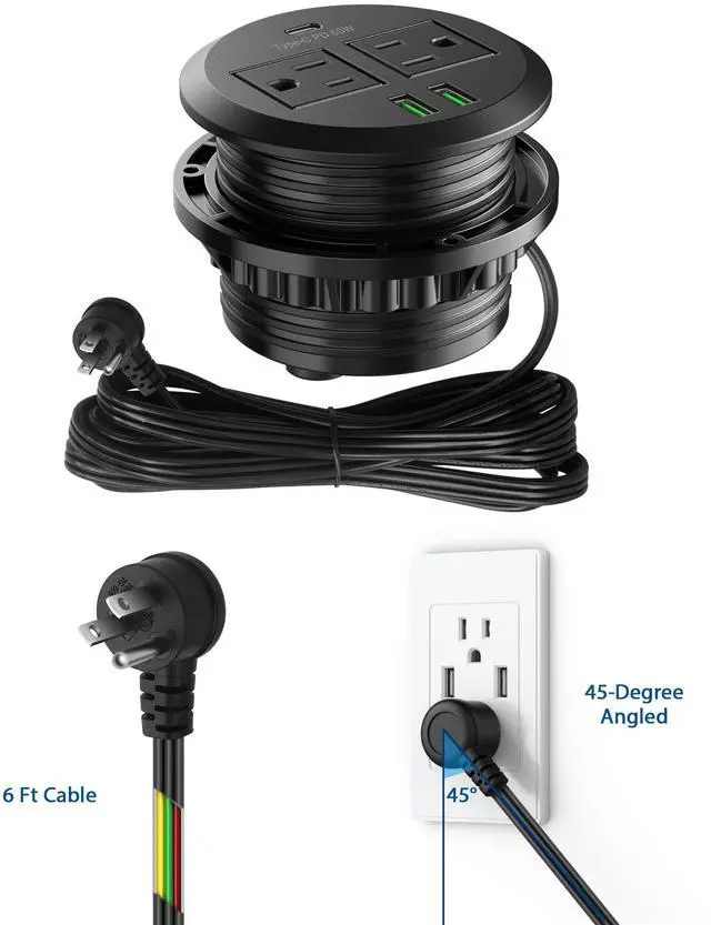 Alt view image 4 of 7 - Jgstkcity 3 inch Desktop Power Grommet, Max 65W USB C Charger,2 Outlets, 3 USB Ports, Flush Mount Desk Hole Round Power Outlet, High-Speed Charging Station, Recessed Power Strip,6ft Cord Flat Plug