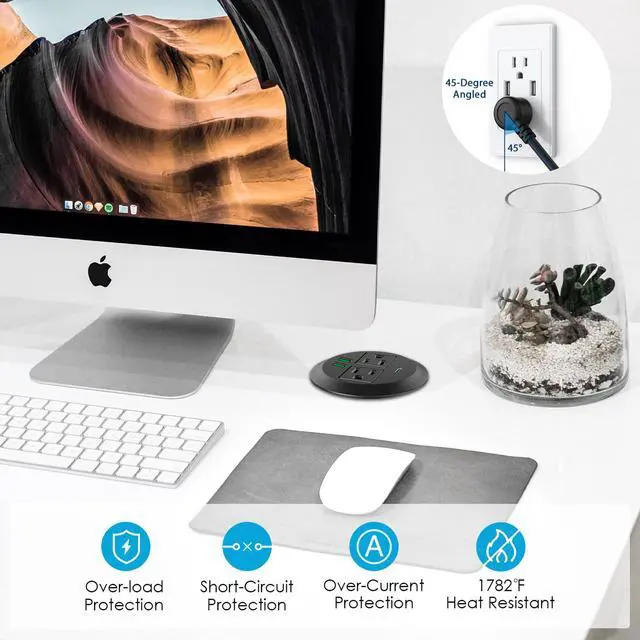 Alt view image 5 of 7 - Jgstkcity 3 inch Desktop Power Grommet, Max 65W USB C Charger,2 Outlets, 3 USB Ports, Flush Mount Desk Hole Round Power Outlet, High-Speed Charging Station, Recessed Power Strip,6ft Cord Flat Plug