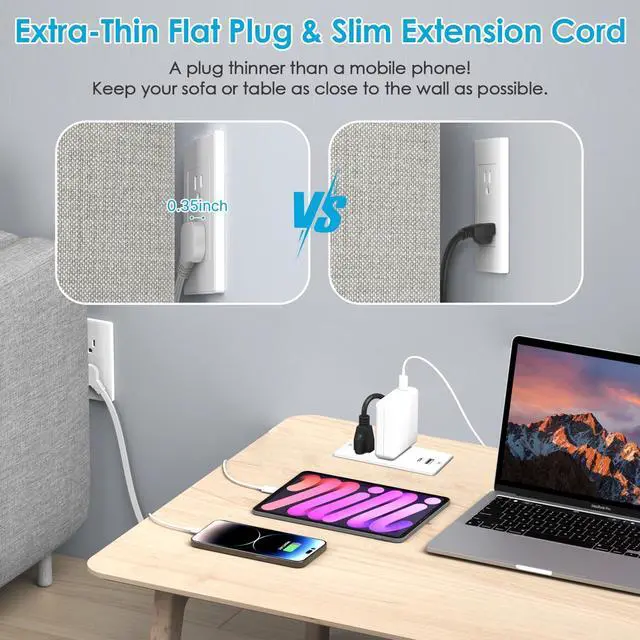 Alt view image 3 of 5 - Recessed Power Strip USB C 20W,Flat Plug Ultra Thin Extension Cord,Furniture Desktop Charging Station for Side Table,End Table,Flush-Mount Desk Outlet Power Grommet,10ft Cord (White)