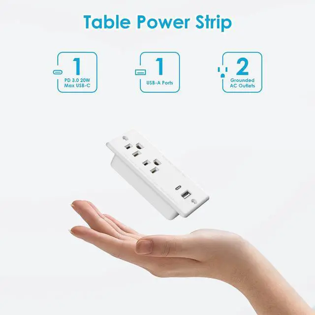 Alt view image 2 of 5 - Recessed Power Strip USB C 20W,Flat Plug Ultra Thin Extension Cord,Furniture Desktop Charging Station for Side Table,End Table,Flush-Mount Desk Outlet Power Grommet,10ft Cord (White)