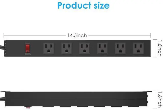 Alt view image 2 of 7 - 2Pack Metal Wall Mount Power Strip, Mountable Power Outlet with 6 AC Outlets, Aluminum Alloy Mount Power Socket with Switch, 6 FT SJT 3/C 14AWG Power Cord, 15A 125V 1875W (6AC)