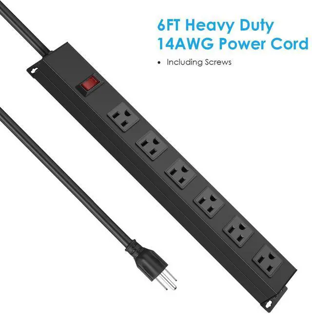 Alt view image 3 of 7 - 2Pack Metal Wall Mount Power Strip, Mountable Power Outlet with 6 AC Outlets, Aluminum Alloy Mount Power Socket with Switch, 6 FT SJT 3/C 14AWG Power Cord, 15A 125V 1875W (6AC)