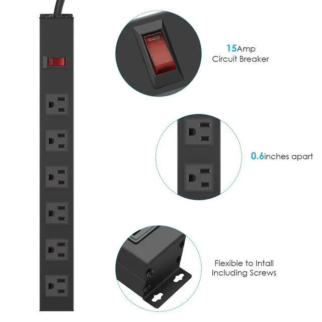 Alt view image 4 of 7 - 2Pack Metal Wall Mount Power Strip, Mountable Power Outlet with 6 AC Outlets, Aluminum Alloy Mount Power Socket with Switch, 6 FT SJT 3/C 14AWG Power Cord, 15A 125V 1875W (6AC)