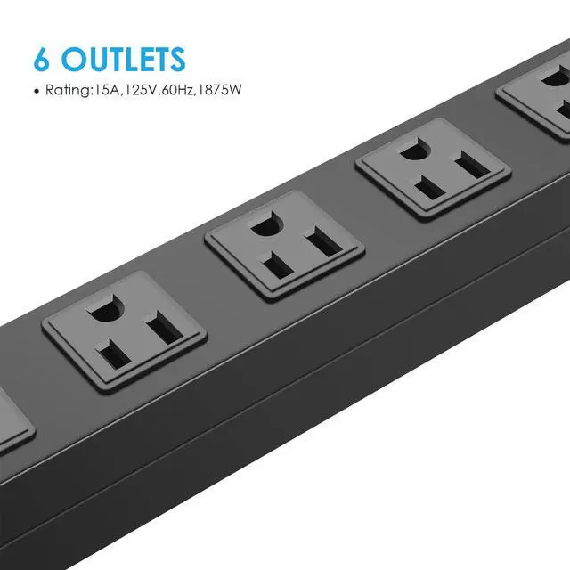 Alt view image 5 of 7 - 2Pack Metal Wall Mount Power Strip, Mountable Power Outlet with 6 AC Outlets, Aluminum Alloy Mount Power Socket with Switch, 6 FT SJT 3/C 14AWG Power Cord, 15A 125V 1875W (6AC)