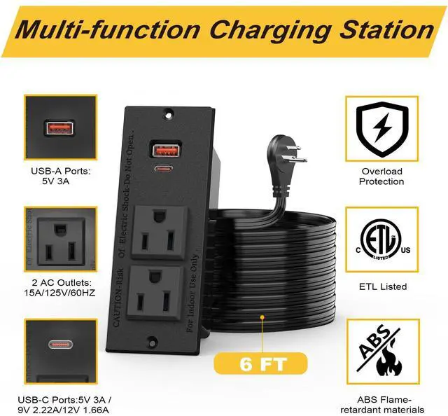 Alt view image 5 of 7 - Recessed Power Strip USB C PD 20W, Recessed Outlet with USB Ports, Flat Plug Desk Power Strip for Sofa Drawer Cabinet Nightstand, 6 FT Extension Cord Conference Table Power Hub