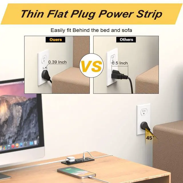 Alt view image 2 of 7 - Recessed Power Strip USB C PD 20W, Recessed Outlet with USB Ports, Flat Plug Desk Power Strip for Sofa Drawer Cabinet Nightstand, 6 FT Extension Cord Conference Table Power Hub