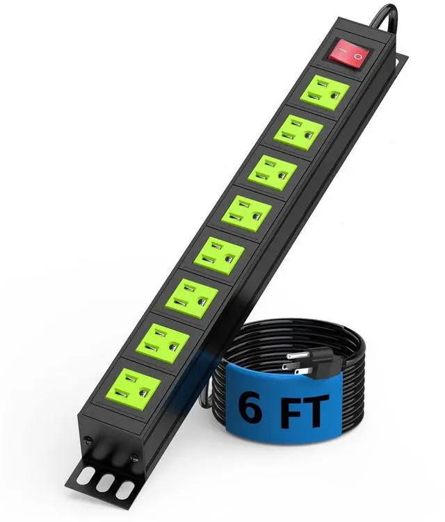 Main image of Metal 8 Outlet Mountable Power Strip, Wall Mount Outlet Heavy Duty, Commercial Shop Power Strip with Switch, 15A 125V 1875W, 300J (Green 6FT)