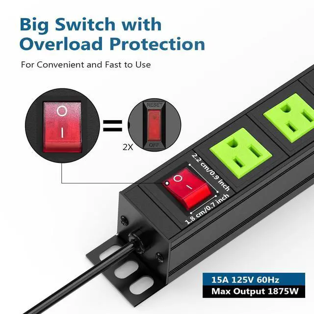 Alt view image 3 of 7 - Metal 8 Outlet Mountable Power Strip, Wall Mount Outlet Heavy Duty, Commercial Shop Power Strip with Switch, 15A 125V 1875W, 300J (Green 6FT)