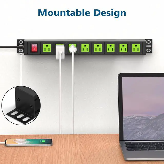 Alt view image 4 of 7 - Metal 8 Outlet Mountable Power Strip, Wall Mount Outlet Heavy Duty, Commercial Shop Power Strip with Switch, 15A 125V 1875W, 300J (Green 6FT)