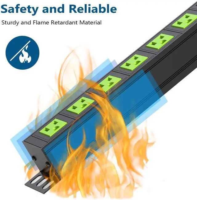 Alt view image 5 of 7 - Metal 8 Outlet Mountable Power Strip, Wall Mount Outlet Heavy Duty, Commercial Shop Power Strip with Switch, 15A 125V 1875W, 300J (Green 6FT)