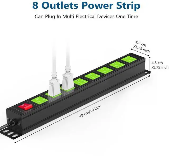 Alt view image 6 of 7 - Metal 8 Outlet Mountable Power Strip, Wall Mount Outlet Heavy Duty, Commercial Shop Power Strip with Switch, 15A 125V 1875W, 300J (Green 6FT)