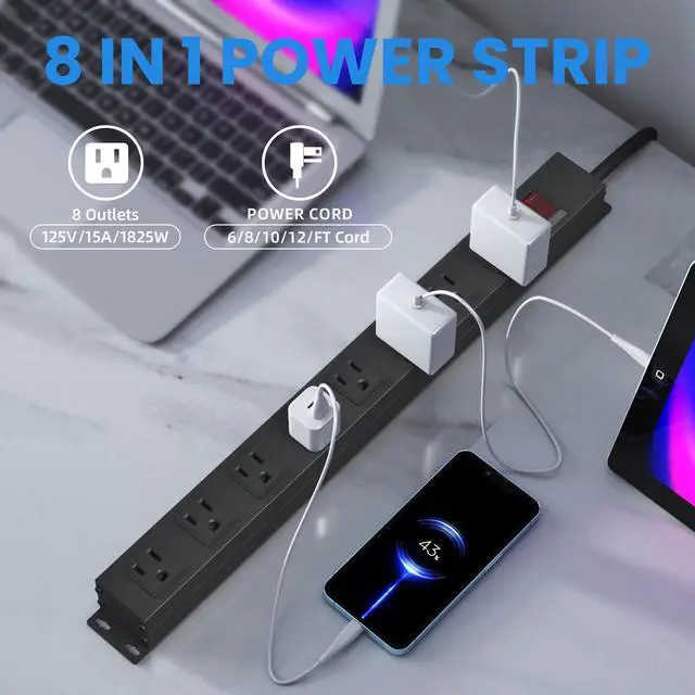 Alt view image 2 of 7 - 8 Outlets Metal Heavy Duty Power Strip with 12 Ft 14AWG Power Cord,Wide Spaced Outlets,Wall Mount Long Power Strip for Commercial,Industrial,School,Garage,Home,15A 125V 1875W,Black (12FT)