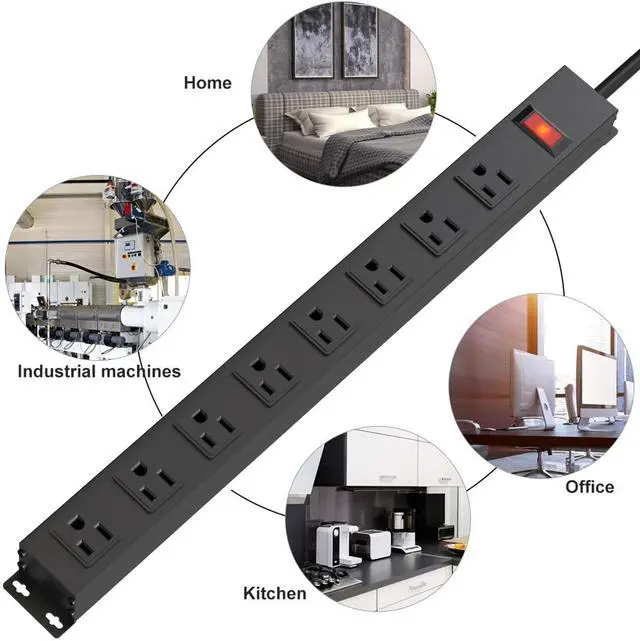 Alt view image 6 of 7 - 8 Outlets Metal Heavy Duty Power Strip with 12 Ft 14AWG Power Cord,Wide Spaced Outlets,Wall Mount Long Power Strip for Commercial,Industrial,School,Garage,Home,15A 125V 1875W,Black (12FT)